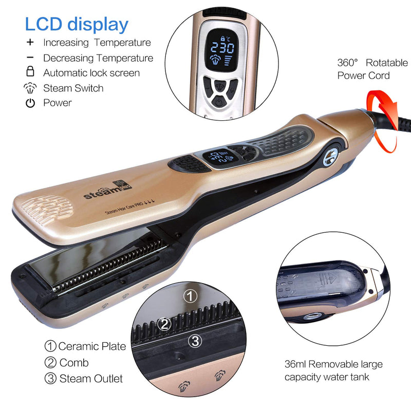 Hair Straighteners Flat Iron,Professional steam Hair Straightener, Anti-Scald Comb, Adjustable Temp and Auto-Off Function