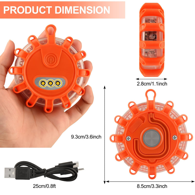 AK LED Road Flares Rechargeable Safety Flashing Warning Light Roadside Emergency Disc Beacon Kit for Vehicles Boats with Magnetic Base & Hook & USB Charging Cables (1 Pack) 1