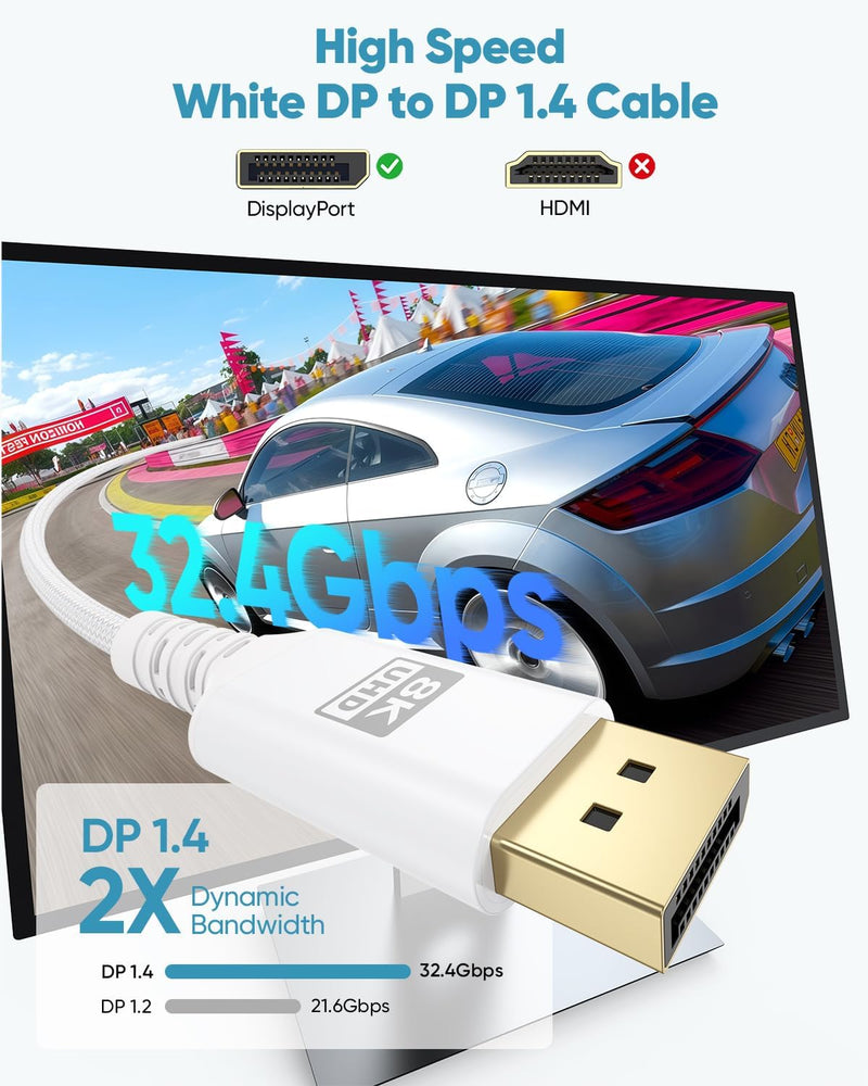 8K White Display Port Cable 15FT, DisplayPort 1.4 Cable DP Cord (8K@60Hz, 5K@60Hz, 4K@144Hz, 2K@240Hz, HDR) for Gaming Monitor PC, Laptop, Graphics Card