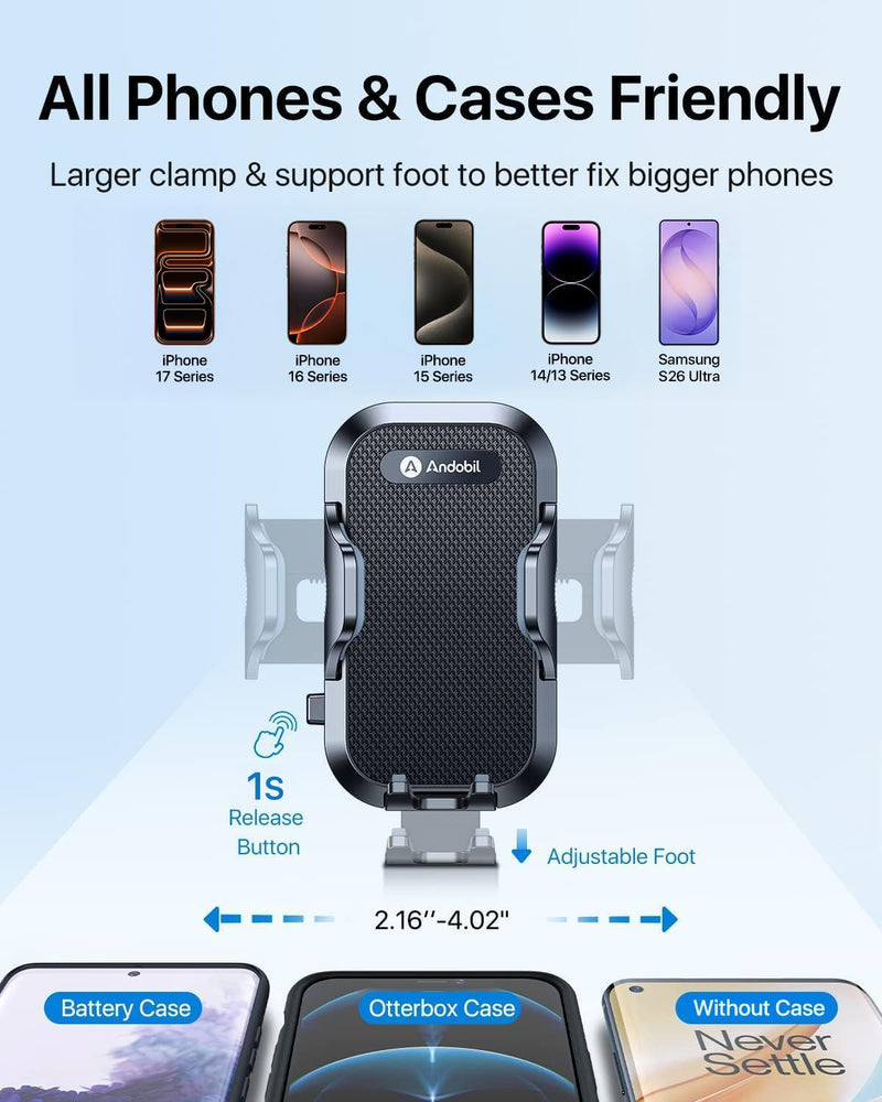 andobil Military-Grade Phone Holders for Your Car 【89+ LBS Strongest Suction & Metal Clip】 2026 Ultimate Car Phone Holder, Dashboard Windshield Vent Cell Phone Car Mount for iPhone Sumsung Android Black