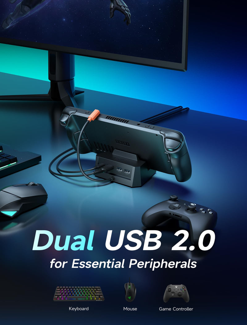JSAUX 4-in-1 Docking Station for ROG Xbox Ally X/Steam Deck/LegionGo-HB0503 | 4K@60Hz HDMI, Raised-Base Stand, 100W PD Fast Charging, 2 USB 2.0 Ports, Widely Compatible with SteamOS & Windows Handhelds