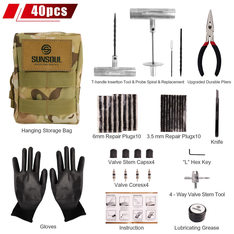 SUNSOUL Portable Tire Repair Kit with Plugs, Heavy Duty Tire Plug Kit, 40PCS Flat Tire Emergency Repair Tool for Car, Motorcycle, Truck, ATV, UTV, RV, Tractor