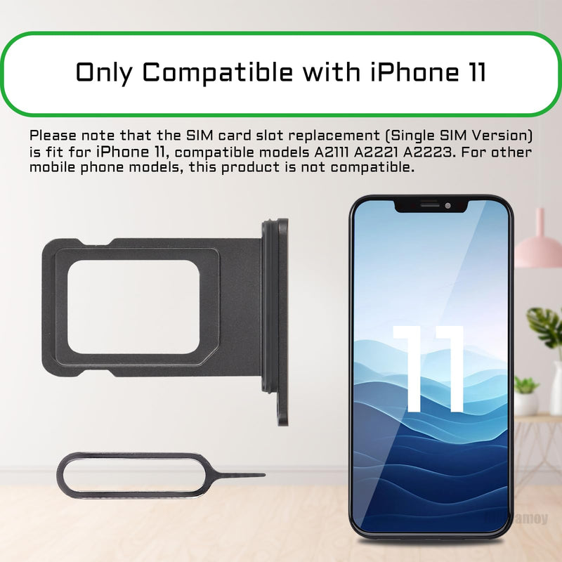 for iPhone 11 Black SIM Card Slot Replacement Single SIM Version for iPhone11 Card Tray Holder Adapter with Waterproof Rubber Ring Repair Tool Fix Kit SIM Ejector for A2111 A2221 A2223