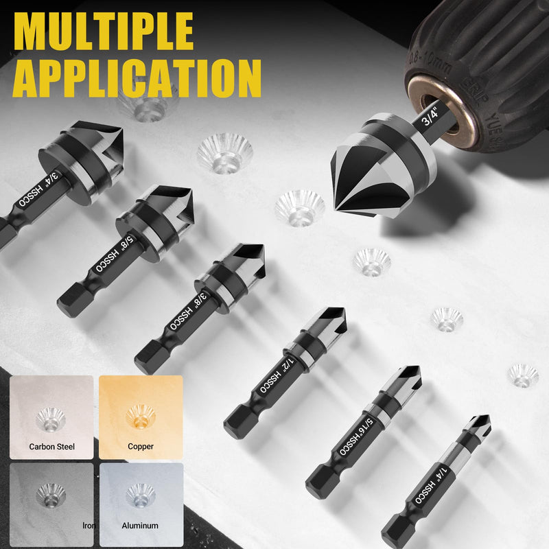 5 Pcs Four Spiral Flute Step Drill Bit Set & 6 Pcs Countersink Drill Bits with Tool Box, Nitriding HSS Drill Bits for Metal, Aluminum, Wood, Plastic