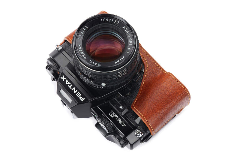 Pentax Super A Case, BolinUS Handmade Genuine Real Leather Half Camera Case Bag Cover for Pentax Super A Camera with Hand Strap (LavaBrown) LavaBrown