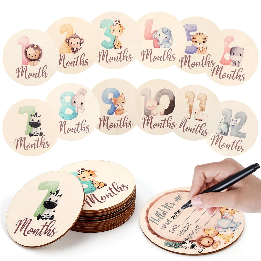 Monthly Baby Milestone Cards - Pregnancy and Baby Shower Gifts,Baby Monthly Milestone Cards with Animals Printed Milestone Wooden Discs includes Boy/Girl Birth Announcement Sign