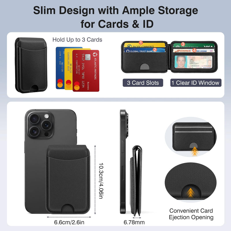 MoKo for MagSafe Wallet, 7 Cards Holder with RFID Blocking Magnetic Wallet | Adjustable Stand Slim Leather Magnetic Phone Wallets for iPhone 17-12 Series, Not for 13/12 Mini, Black