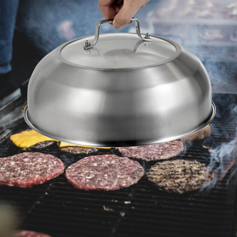 13.5 Inch (13 Inch Inner Diameter) Stainless Steel Basting Cover, for 14 Inch Woks, Melting Dome for Griddle Cooking, Round Steaming Cover Lid with Tempered Glass Top and Steam Holes 13.5" for 14 Inch Woks