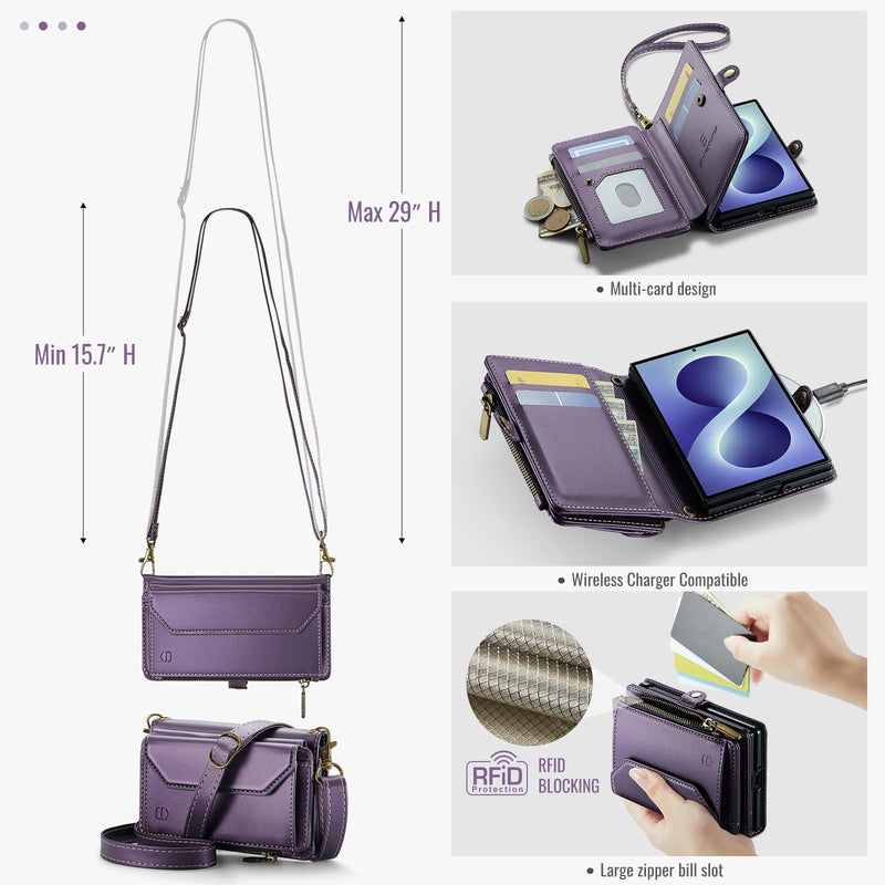 Strapurs for Samsung Galaxy Z Fold 8 - Zipper Strap Wallet Case, Purple | RFID Blocking 6-Card Holder, Shoulder Lanyard, Wirst Strap, Zipper Pocket, Magnetic Snap, PU Leather, Phone Cover for Women
