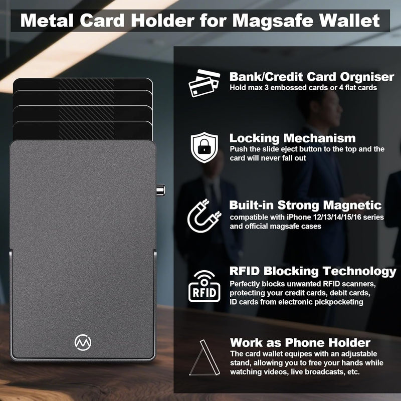 Magnetic Phone Wallet with Adjustable Stand,Pop up Phone Card Holder Quick Access to Bank/Credit Cards, 3.93 * 2.96 * 0.31 Inches Compact Metal Case with RFID Blocking Protection (Space Grey) Space Grey
