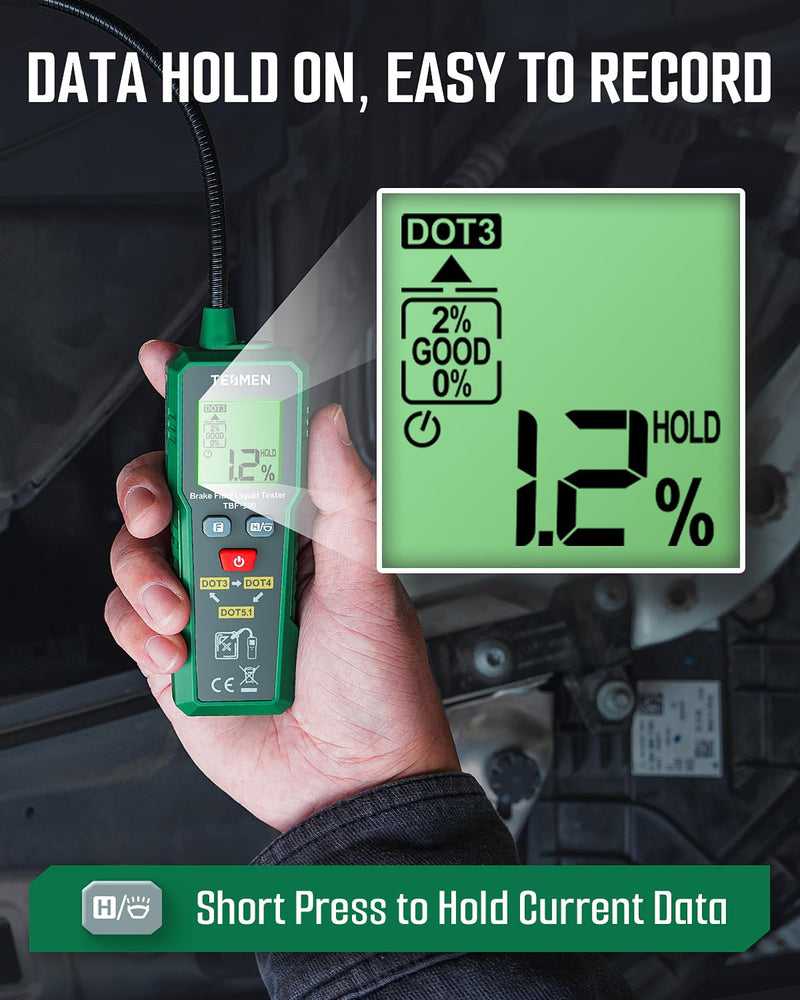 TESMEN TBF-300 Brake Fluid Tester with 8.5-Inch Corrosion Resistance Gooseneck Probe, Testing for DOT3, DOT4, DOT5.1, Brake Fluid Tester Pen with Light, Data Hold, Backlight Alarm for Auto Care-Green SMALL Green 1