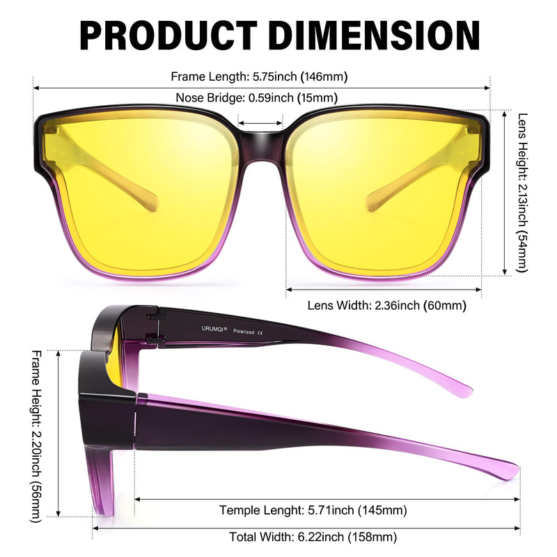 Oversized Polarized Night Driving Glasses Fit Over Glasses Unisex | Oversized Polarized Night Vision Lenses, Anti Glare Yellow Fit Over Prescription Glasses, Ideal for Night Driving B05 Gradient Purple Frame/Night Vision Lens
