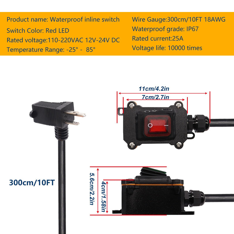 weideer Heavy Duty Extension Cord with IP67 Waterproof Switch On/Off, 10FT 18AWG Cable Piggyback 3pin Plug, Red LED 20A 250V Inline Cord Switch K-184-3M 10 ft