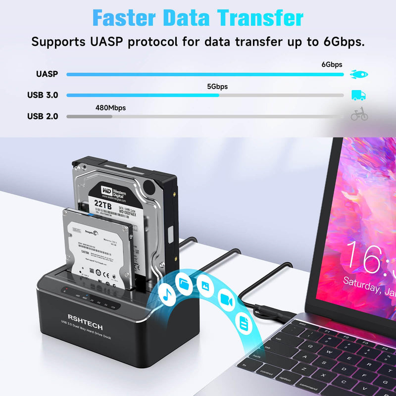 RSHTECH USB-C/USB 3.0 to SATA Dual Bay Hard Drive Docking Station Aluminum | External Hard Drive Dock Reader for 2.5/3.5 inch HDD SSD, with USB-C/A Cable, Support Offline Clone, UASP, 2x22TB, RSH-DS01C