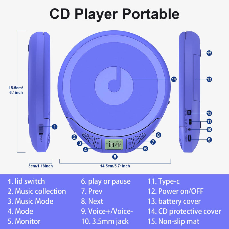 Portable CD Player with Earphones,Personal CD Discman Player | for Home Car with Anti-Skip Shockproof Protection, Small CD Player with LCD Display for Music Lovers Blue