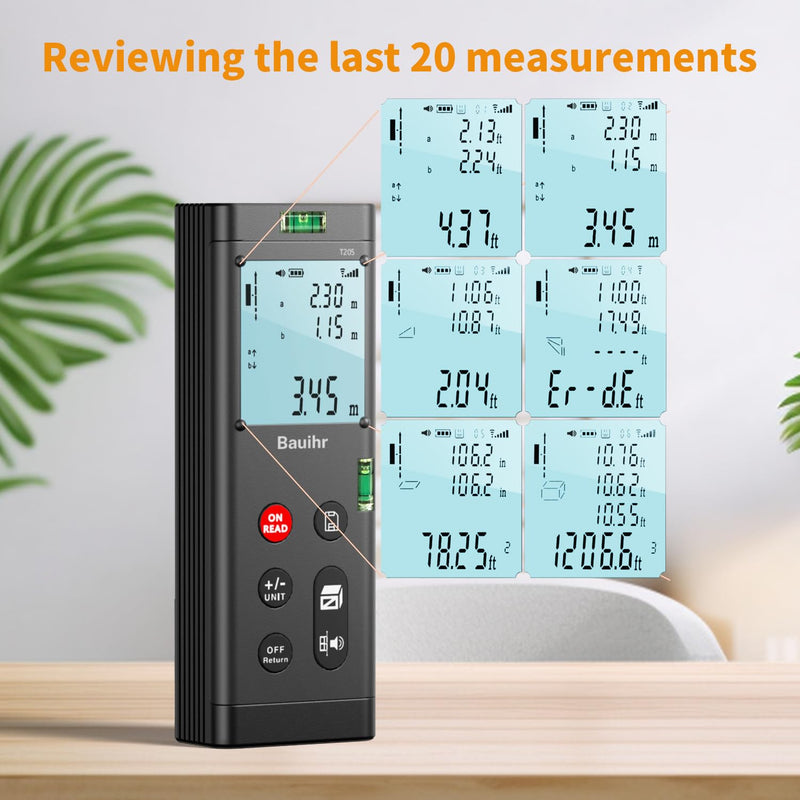 Bauihr 393ft Dual Laser Measuring Tool Aluminum Rechargeable Distance Meter | 120m Bilateral Laser Measurement Tool with Backlit LCD Display, Digital Angle, M/in/Ft Unit Switching