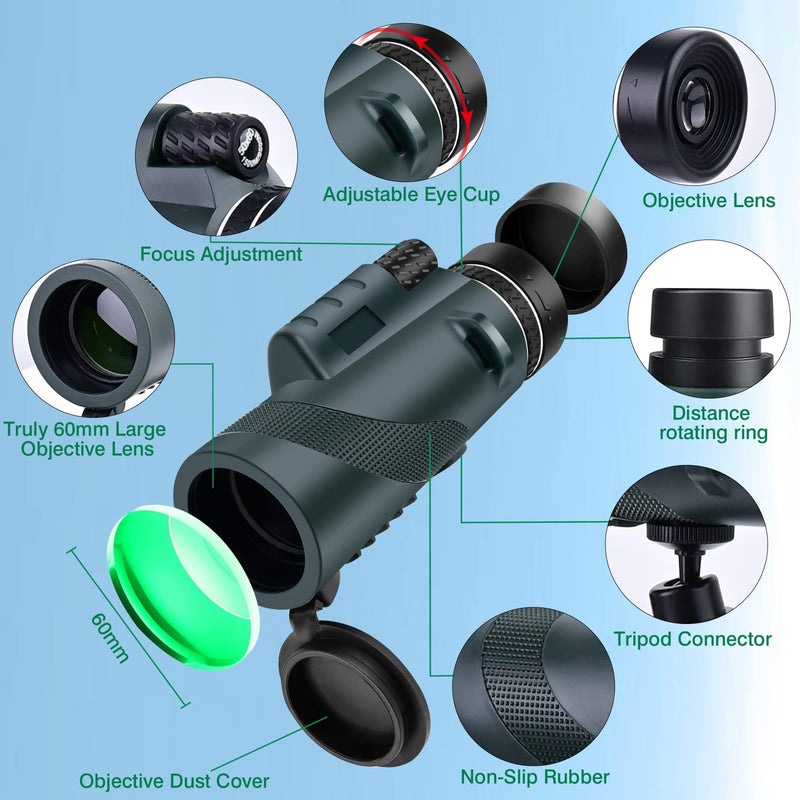 80×100 monocular Telescope with high Magnification and high Definition | Equipped with a phone adapter, it delivers an excellent experience for birdwatching, camping and other outdoor activities.