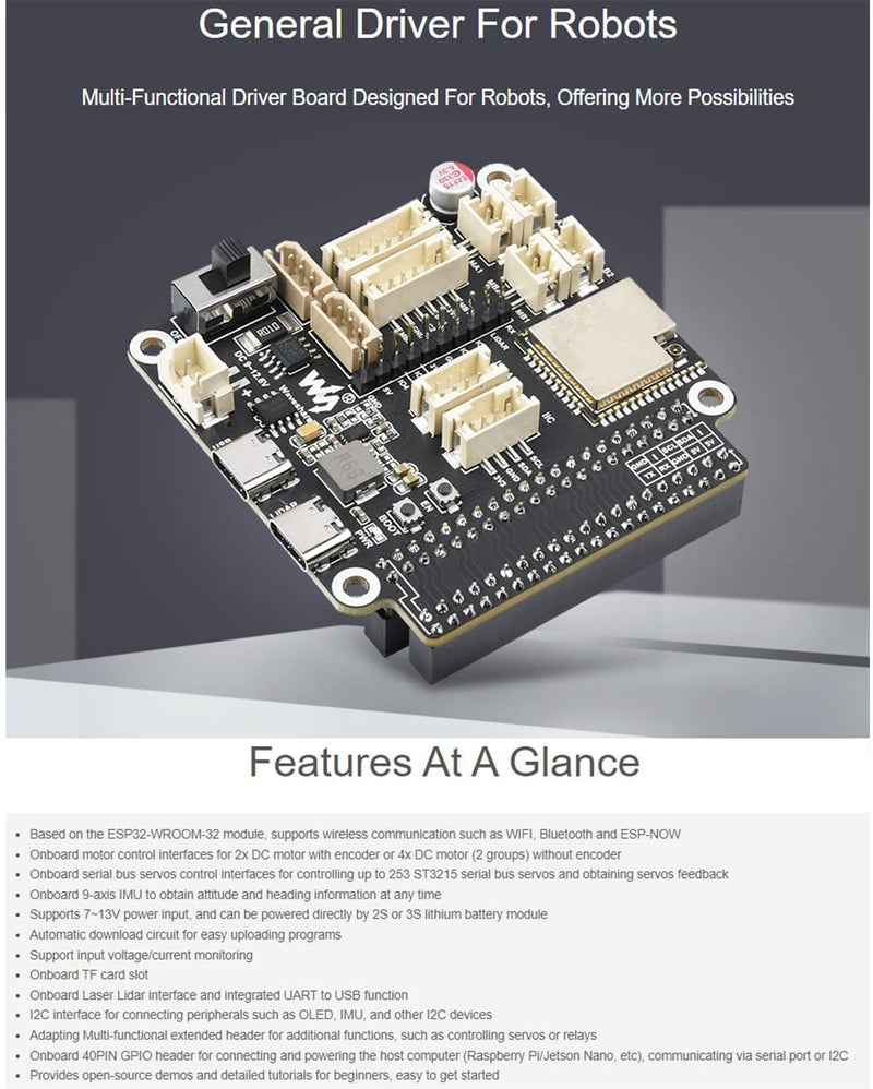 General Multi-Functional Driver Board for Robots, Based on ESP32-WROOM-32 Module, Support WiFi, Bluetooth and ESP-Now Communications, Compatible with Raspberry Pi and Jetson Nano