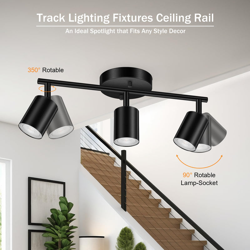 LED Track Lighting Fixtures Ceiling, Black 3-Light Track Lights for Kitchen, 3 Way Ceiling Spotlight, Flexibly Rotatable Wall Mount Light Head for Bedroom Hallway, Bulb Not Included 3-Light Track Lighting