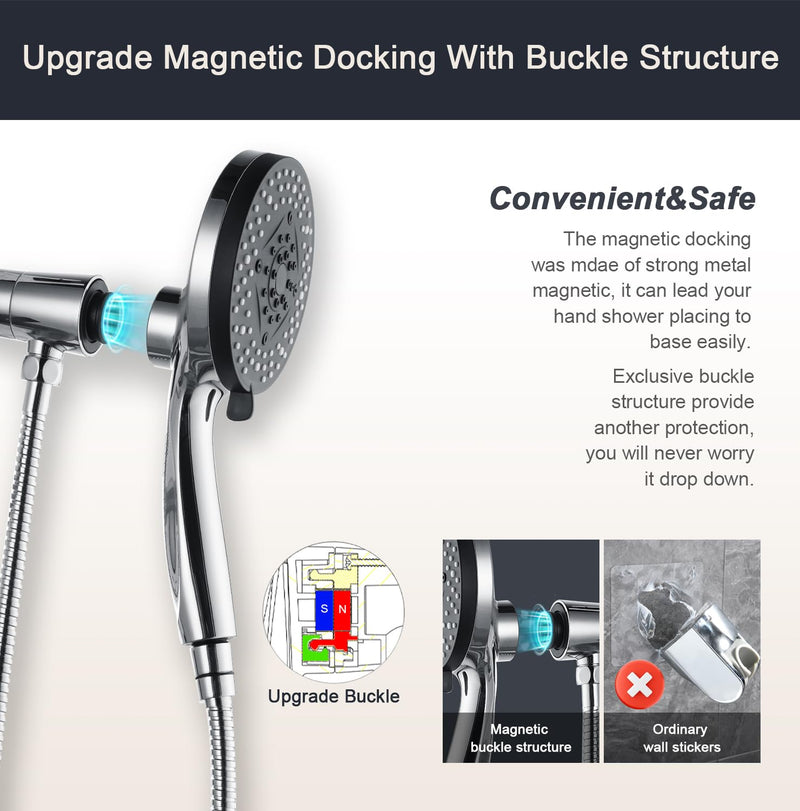 Magnetic Shower Head with Handheld:High Pressure10-setting Handheld Shower Head,Magnetic Bracket,59 Inches Stainless Steel Shower Hose. (Basic Model, Chorme) Basic Model Chrome