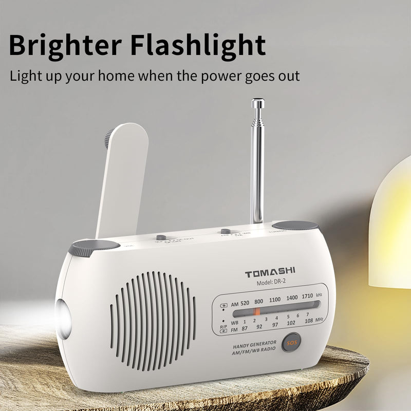 TOMASHI Portable NOAA Weather Radio, Hand Crank Emergency AM FM Radio | USB-C rechargeable, flashlight and SOS alarm. Compact hand crank radio with battery power for home, camping & power outages.