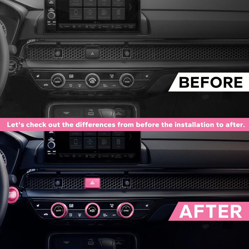 for Honda Civic 2022-2026, CRV/HRV/Accord 2023-2026, Acura Integra 2023-2025 & ADX 2025 Accessories, 6pcs Aluminum Alloy Knob Cover Trim Set - Push Start, AC & Hazard Light (Pink) Pink