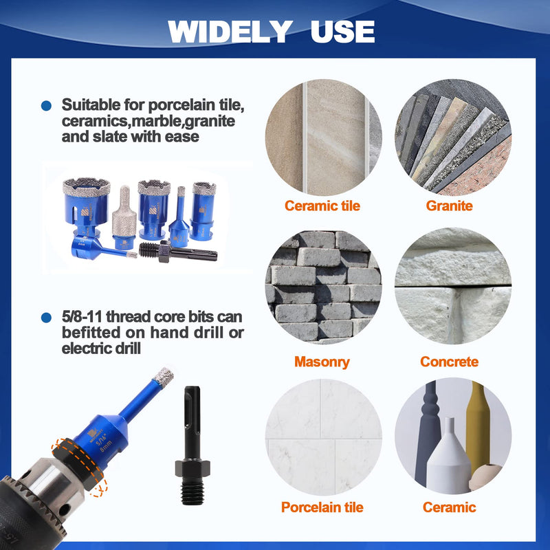 Diamond Core Drill Bit Set - 6/8/25/35/50mm Diamond Hole Saw & for Porcelain Tile Ceramic Marble Granite Drilling 10-25mm Diamond Finger bit with 5/8-11 Thread&Adapter 7 Kit5