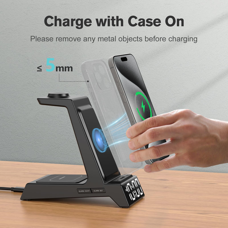 ANJANK 4 in 1 Wireless Charging Station Alarm Clock, Charging Dock for Apple Devices, Charger Stand for iPhone 17 Air 16 15 14 13 12 Series for Apple Watch 11 10 9 8 7 6 5 UItra/SE & AirPods, Dimmable Black
