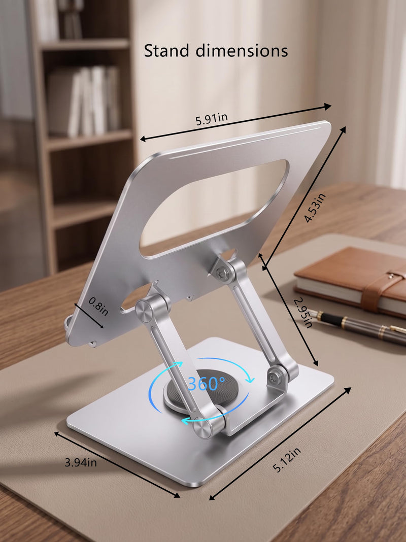 Rotating Foldable Tablet and Phone Stand Holder, Silver, Desktop Use | 360 Degree Rotation, Foldable, Stepless Angle/Height Adjustment, Heat Dissipation, Compatible with Devices from Approx. 4.7