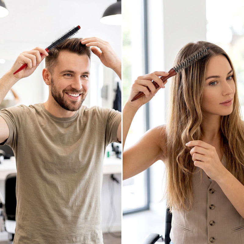 2 Pcs Small Round Brush Boar Bristle Round Brush Quiff Roller | Curling Brush hair Combs for Women Men Stiff Nylon Bristles for Styling Wet Dry Short Bangs Roots Straight Mustache Brushes