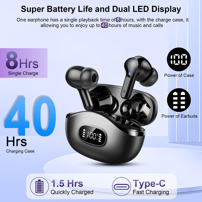Wireless Earbuds, 48Hrs 2026 Bluetooth Headphones, Hi-Fi Stereo Deep Bass Ear Buds, ENC Noise Cancelling Mic, Clear Calls, IP-X7 Waterproof, USB Sport Earphones in Ear for Phones Laptop Pad, Black