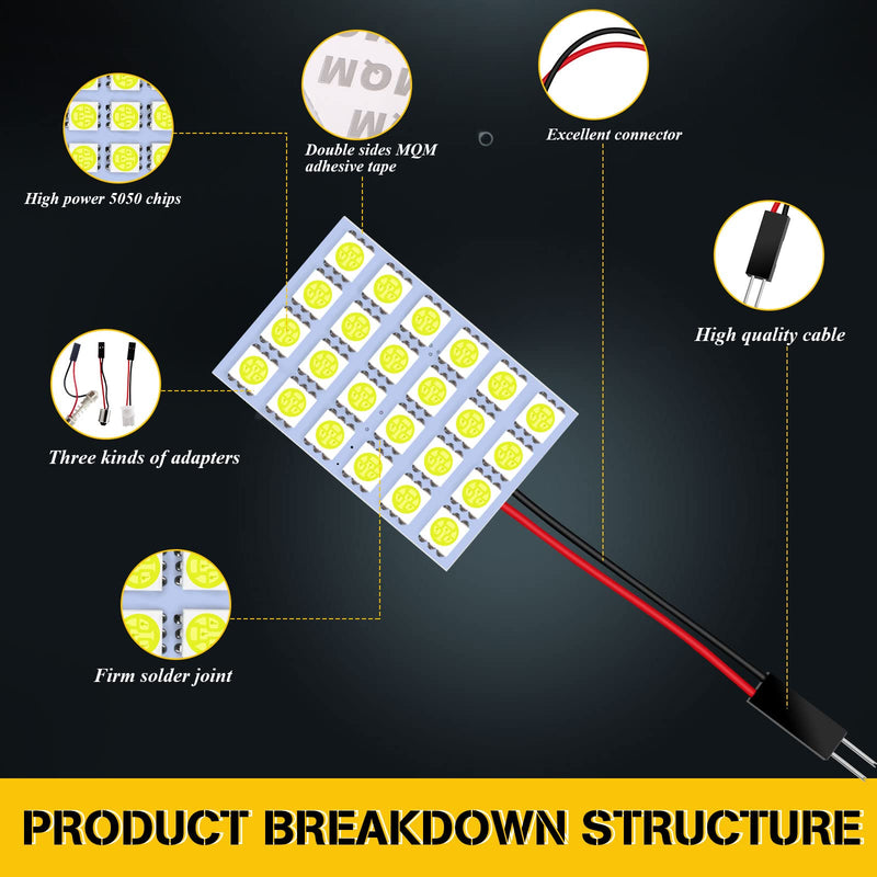 YM E-Bright 5-Pack White 5050 24SMD Led Panel Dome Light Lamp Auto Car Reading Interior Lamp DC 12V With T10 / BA9S / Festoon Adapters 24SMD-White