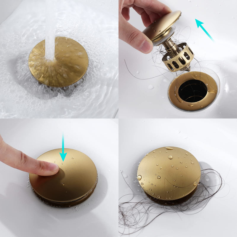 KAIYING Pop Up Drain, Bathroom Sink Drain Stopper with Overflow, Vessel Sink Drain Assembly with Detachable Basket Stopper, Anti-Explosion and Anti-Clogging Drain Strainer (Brushed Brass) Brushed Brass