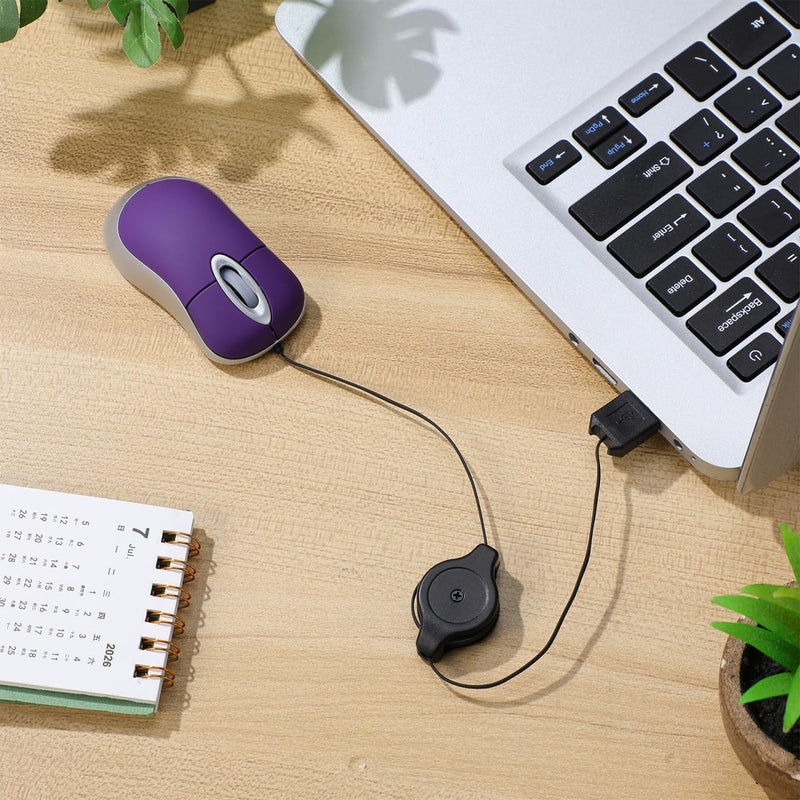 Abaodam Mini USB Mouse with Retractable Cord, Portable Wired Optical Computer Mice for Laptop, Small Travel for Office Business Home School Woman Men Girls Boys Present - Purple