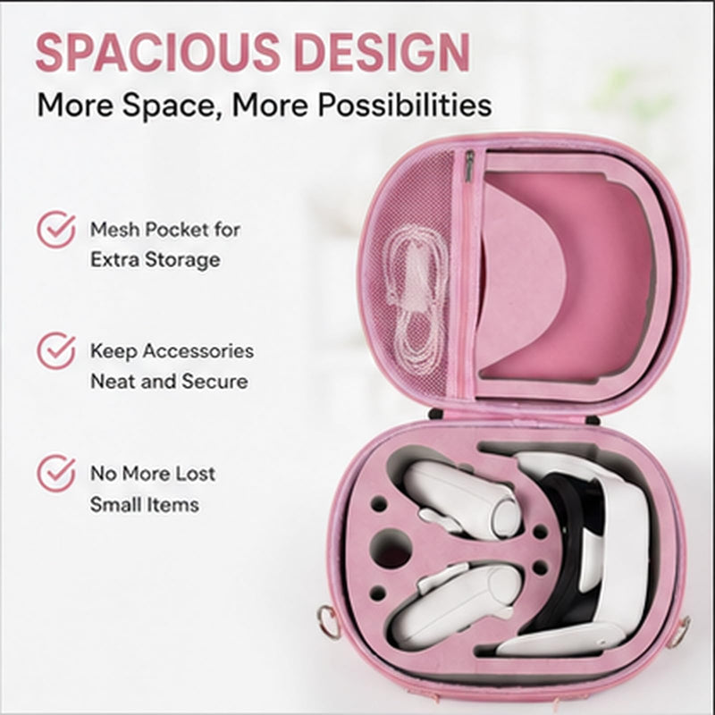 Comecase Hard Carrying Case for Meta Quest 3 and Quest 3S, Pink | Pre-Cut Foam, Mesh Pocket, Handle and Detachable Shoulder Strap, Organize Headset, Controllers and Accessories, case only