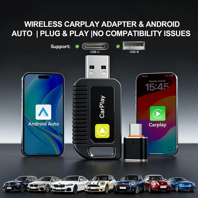 2‑in‑1 Wireless Carplay Adapter for Apple iPhone & Android Auto | Mini Dongle, Convert Wired Apple Carplay to Wireless Adapter, Automatic Connection, Low Latency, Plug & Play, Usb‑A/Type‑C