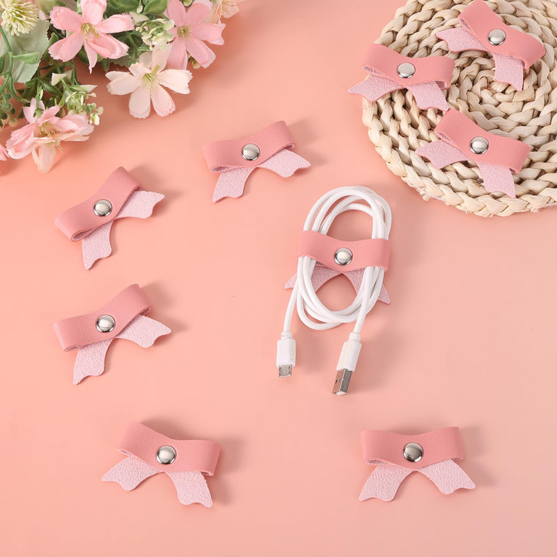 10pcs Pink Bow Cord Organizers, PU Leather Cable Holder Straps Bowknot Electronic Device Cord Management Ties for Storing Chargers and Earphones