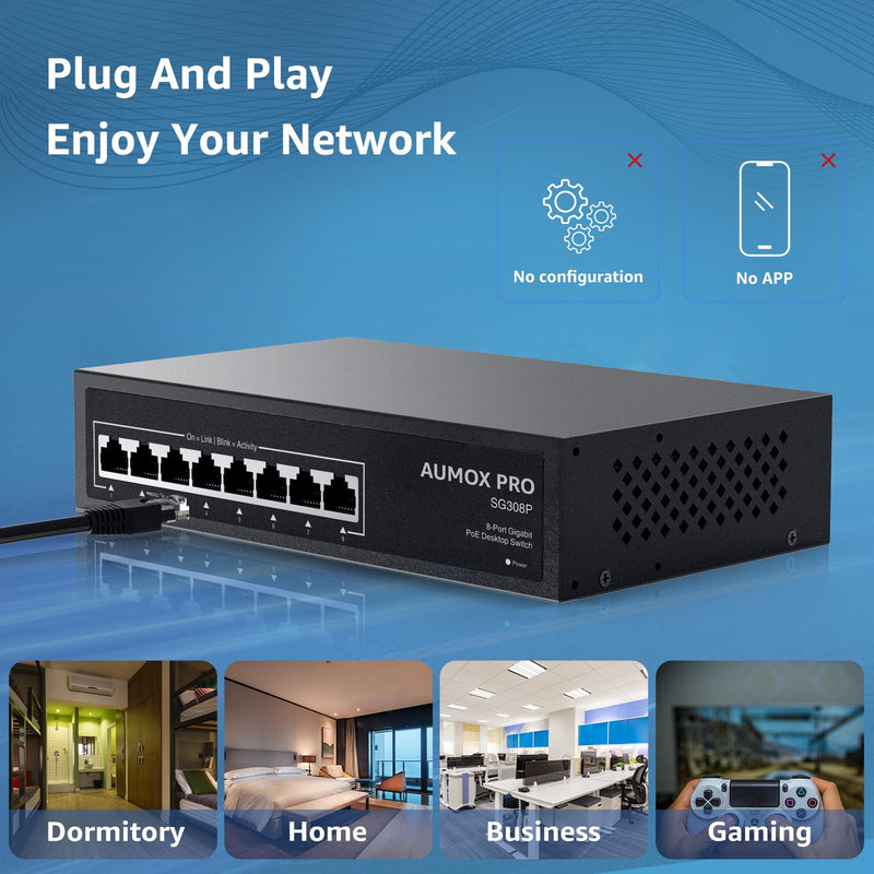 8 Port PoE Switch Gigabit 120W, Gigabit Unmanaged Ethernet Switch, Plug & Play, 802.3af/at Compliant, Metal Housing, 8-Port Network Switch for Home/Office Energy Efficient Silent Operation 8 Port| 8 Port PoE Gigabit 120W