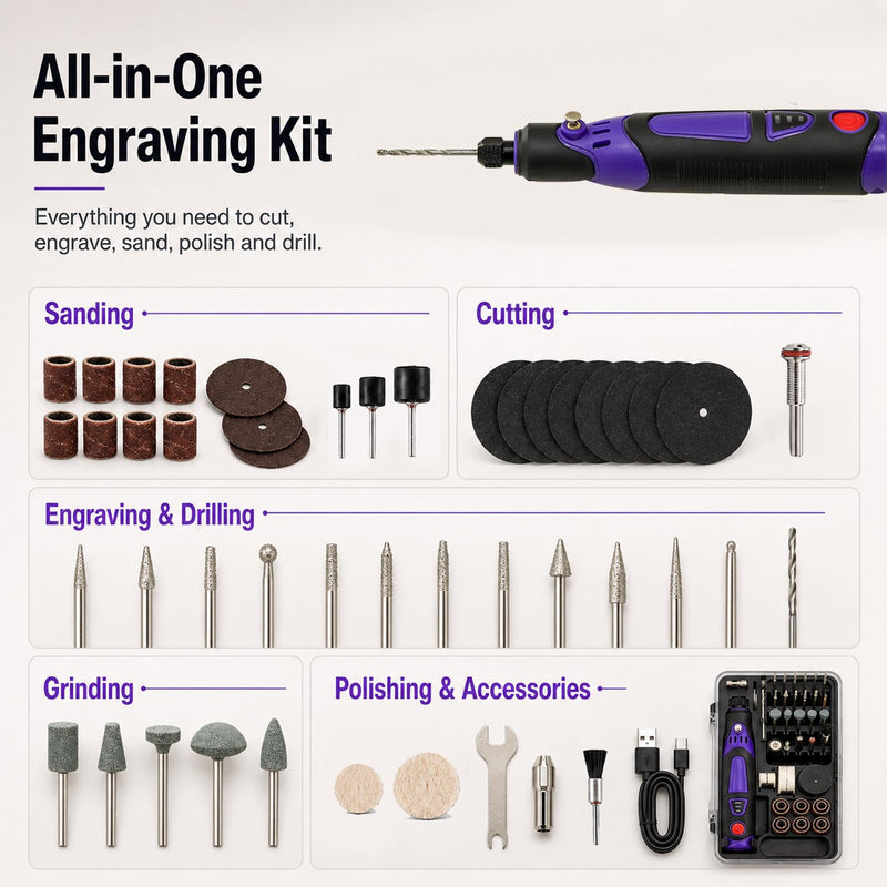 Cordless Rotary Tool Kit, 3.6V Mini Rotary Tool with 82 Accessories, 3 Variable Speed Rechargeable Engraving Pen & Electric Grinder for Wood, Glass, Metal Drilling, Sanding, Polishing Purple (Indicator Light)