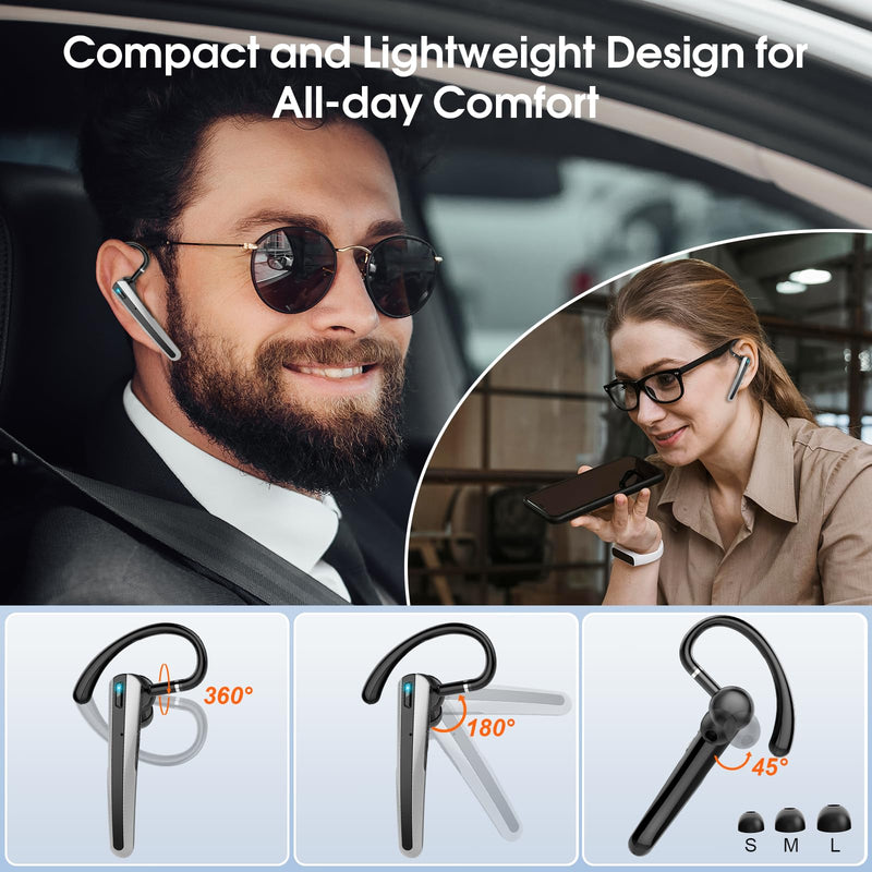 Bluetooth Headset V5.3, Wireless Headset with ENC Noise Canceling Mic | 120Hrs Talk Single-Ear Bluetooth Earpiece, LED Display, IP7 Waterproof Hand-Free Earphone for Business/Trucker/Driver Mysterious Black