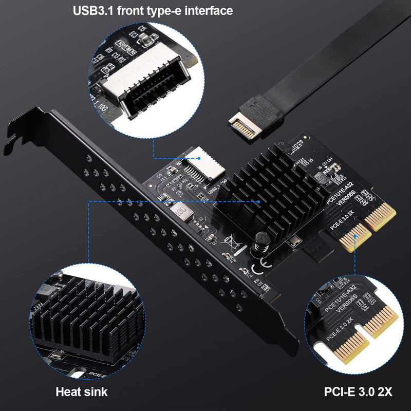 PCI-E 2X to USB3.1 Front Type-C, 10Gbps Type-E Backward Expansion Card, PCI Express 3.0 X2 Adapter(ASM3142), Riser Card for Desktop PCS, Supports PCIE X2/X4/X8/X16
