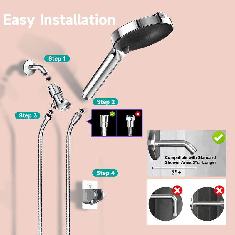 6“ Filtered Shower Head with Handheld, 6-Spray High Pressure Shower Head with Filter for Hard Water, Detachable Handheld Showerhead with Hose and Shower Arm Bracket, Chrome-Black Luxury Modern Chrome -Black