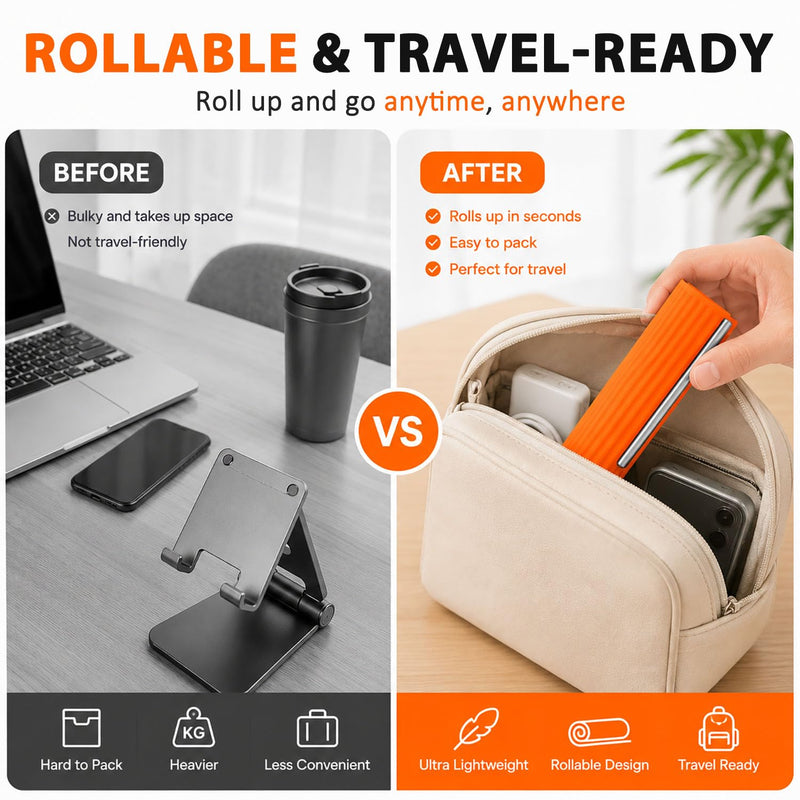 Portable Foldable Silicone Aluminum Phone Holder, 2026 New Flexible Silicone Aluminum Phone Holder, Folded into Any Shape, Universal Adjustable Anti-Slip Desktop Mount for Home Office Travel (Orange) Orange