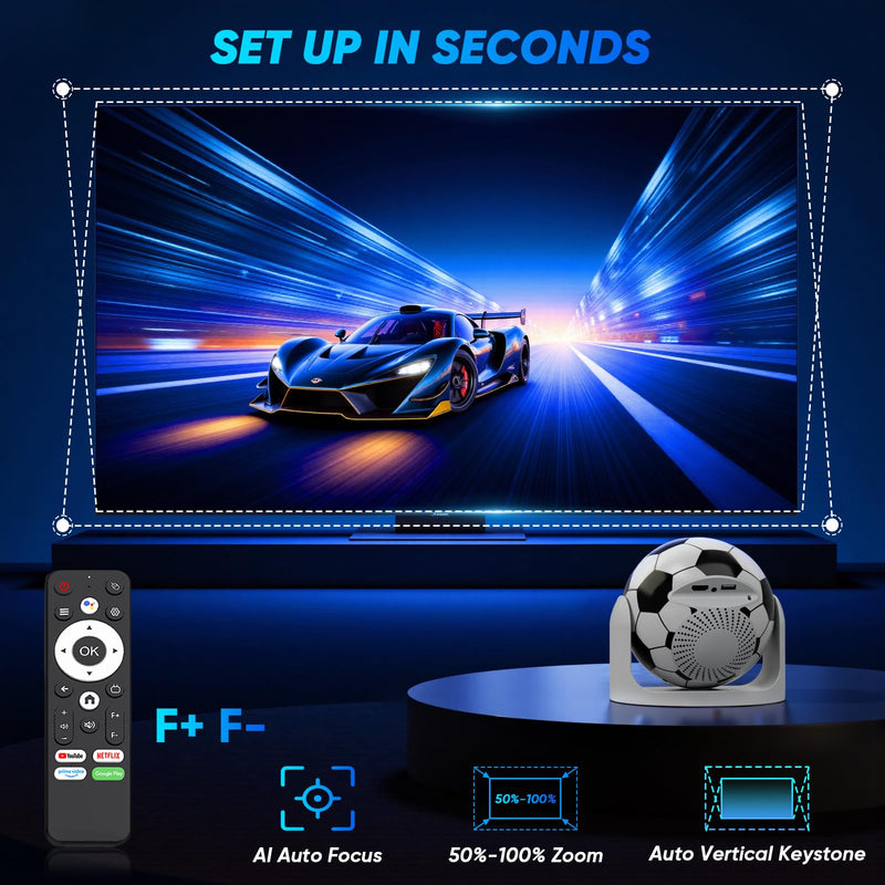 Mini Projector with WiFi and Bluetooth Auto Focus & Vertical Keystone Smart Portable Projector Android 13 with Built in Apps 1080P HD 4K Support w/ HDMI/USB Supported Home Movie Projector (Football) Football
