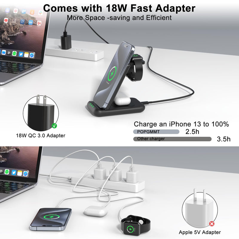 3 in 1 Magnetic Wireless Charging Station,18W Fast Mag-Safe Charger Stand for iPhone 15 14 13 12 Pro/Pro Max/Plus,Wireless Charging Stand Made for Apple Watch Ultra 9/8/7/SE/6/5/4/3/2/AirPods 2/3/Pro