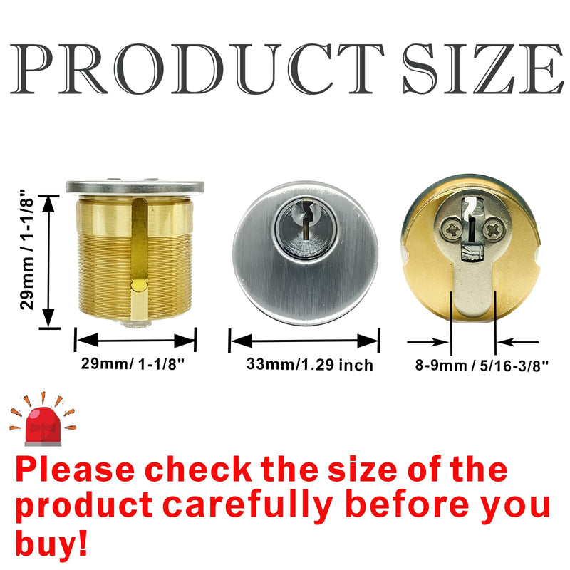 2Pcs Brass Mortise Cylinder Locks with 2 SC1 Keyway Keys | Fit Standard Commercial Door Replacement Lock Mortise Cylinder for Home Aluminum Door( 1 1/8" Inch - Different SC1 Keys) 1-1/8 inch Door Cylinder Locks