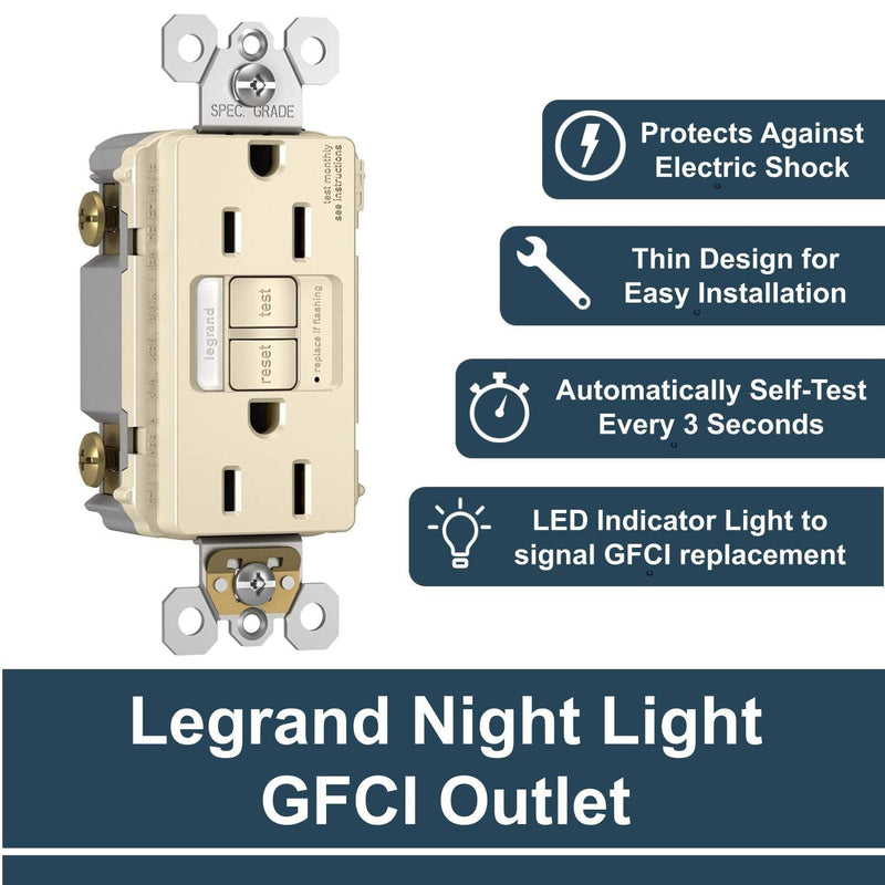 Legrand Radiant Night Light GFCI Outlet, Tamper-Resistant Self-Test Duplex with Cool Touch LED, GFCI Outlet for Bathroom, 1597NTLTRLACCD4, 15 Amp, Light Almond 1 Pack