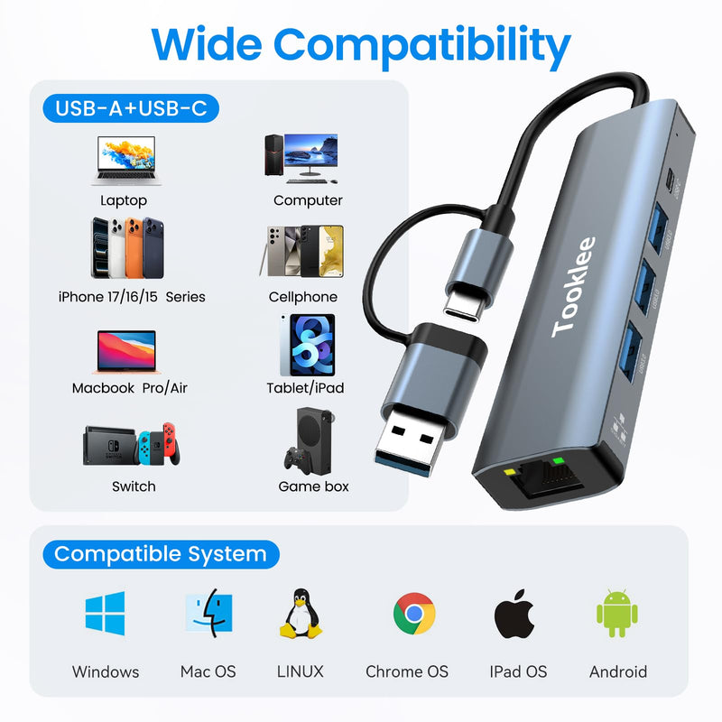 USB to Ethernet Adapter, USB 3.0 USB C Hub with Ethernet 1Gbps Network | USBC Ethernet Adapter for Laptop with USB-C Charging & USB-A 3.0, USB to RJ45 for Computer, MacBook/iPad Pro/Phone/Tablet