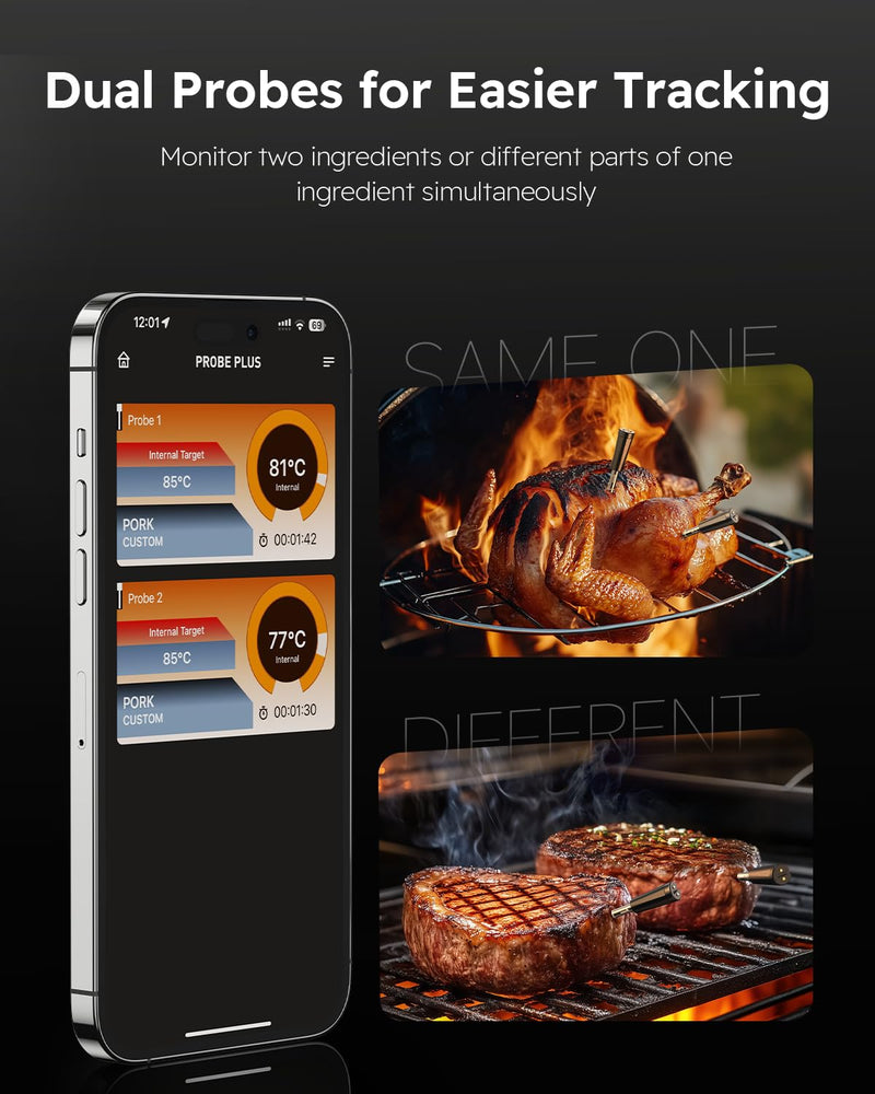 Wireless Meat Thermometer with App Control, 600FT Bluetooth Range, Dual Probes & 6 Sensors, 0.5S Instant Read, LCD Display, IP67 Waterproof Real-Time Monitoring & Smart Alerts for BBQ, Grill, Oven Black