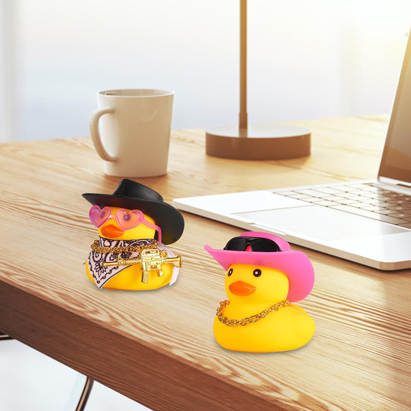 2pcs Rubber Duck Car Ornaments, Funny Rubber Ducks Car Dashboard Decorations Duck Car Accessories with Cowboy Hat Mini Scarf Necklace and Sunglasses for Car Desk Office Decor